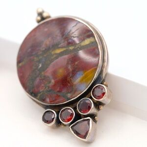 .925 Sterling Silver Brecciated Jasper Pendant w/ Garnet Accents- Handmade Boho